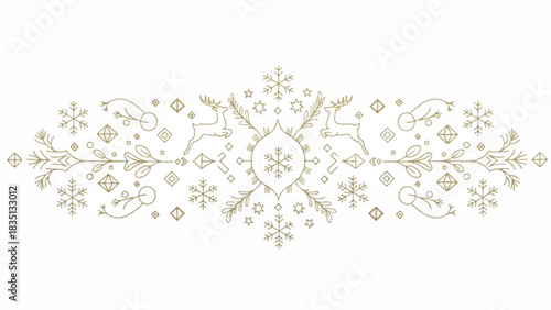 Elegant Christmas Ornament Border with Reindeer and Snowflake Details in Gold Color