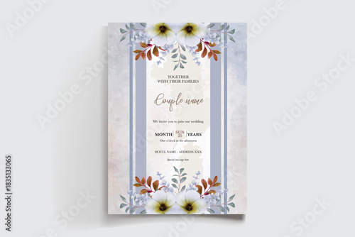 WEDDING INVITATION FRAME WITH FLOWER DECORATIONS AND FRESH LEAVES