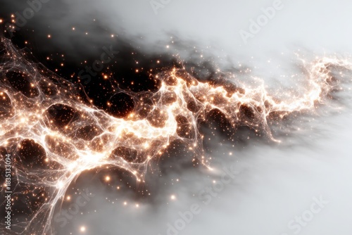 Celestial Energy Flow: An abstract rendering of cosmic elements, featuring a mesmerizing network of glowing particles against a misty backdrop, evoking the vastness and beauty of the universe.