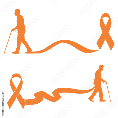 Vector Silhouette of an Elderly Person Walking with a Cane and an Orange Awareness Ribbon