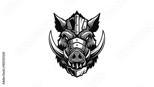 Fierce Boar Head Warrior Emblem with Armor and Tusks.