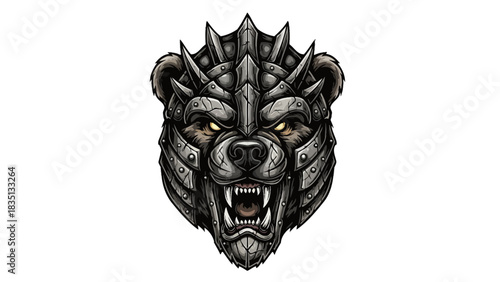 Fierce Armored Bear Head Illustration with Glowing Eyes.