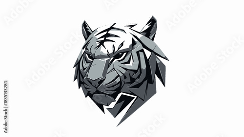 Stylized Silver Tiger Head with Geometric Accents and Sharp Details.