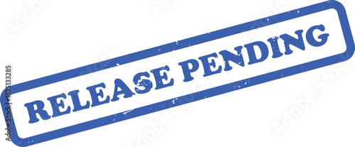Blue ink grunge stamp featuring text Release Pending on white background