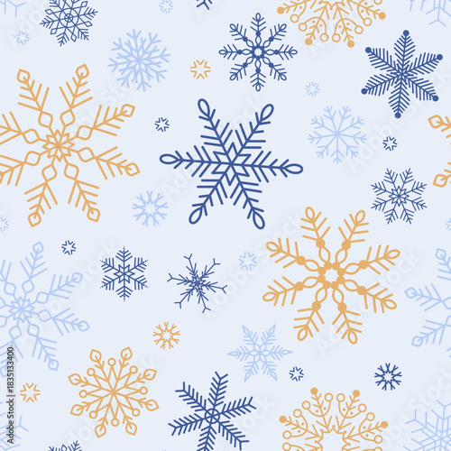 Festive winter seamless pattern with lacy yellow and blue snow on white backdrop. Flat vector illustration. Modern template for cover, wrapper, wallpaper, background, textile, package