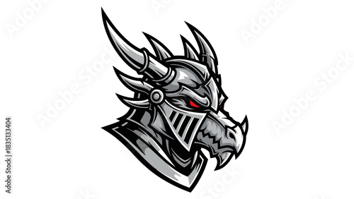 Detailed Illustration of a Fierce Dragon Knight Head in Armor.