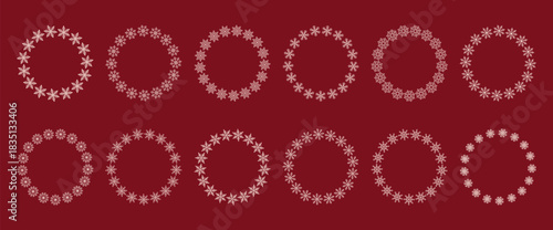 Big set of simple winter circle wreaths. Modern template of round frames from different white snowflakes on red background. Flat vector illustration. Ideal for invitation, cover, label, card, album