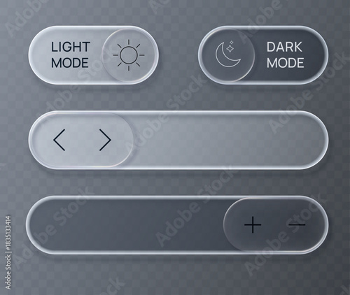Liquid glass UI kit. Transparent glass buttons with rounded rectangle and circle elements. Vector illustration.