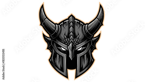 Dark Horned Warrior Helmet with Intense Gaze Vector Illustration.