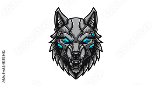 Intense Cybernetic Wolf Head with Glowing Blue Eyes Illustration.