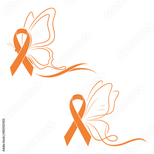 Vector Illustration of Orange Awareness Ribbon and Butterflies