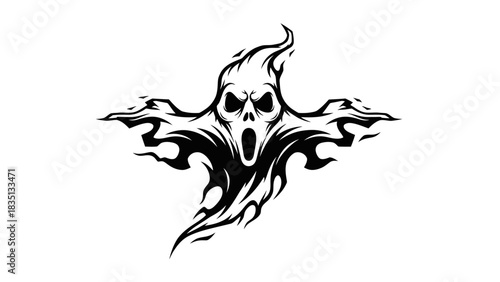 Scary Ghost With Flaming Wings And Skull Face.
