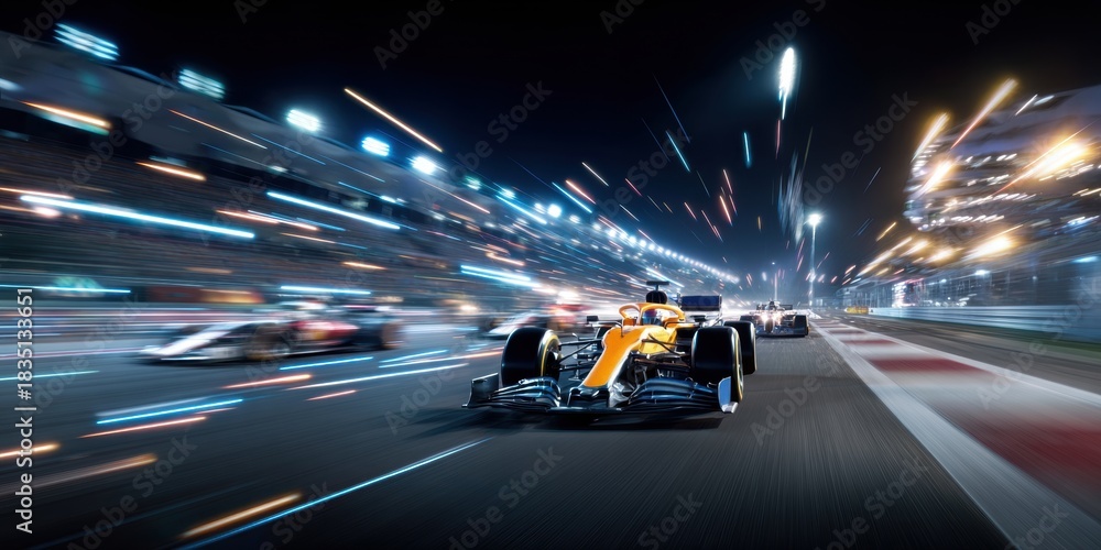 Fototapeta premium High-speed night race with orange Formula 1 car driving through neon streaks. Concept of futuristic motion, energy and emotional thrill for ads, wallpapers, branding.