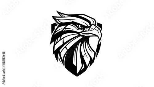 Majestic Eagle Head Shield Logo Design Black and White Illustration.