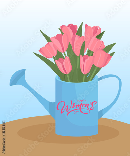 Happy women's day card pink spring tulips flowers in watering can 8th march illustration