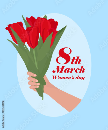 Women's day greeting card hand holding red tulips flowers for mom 8th march illustration