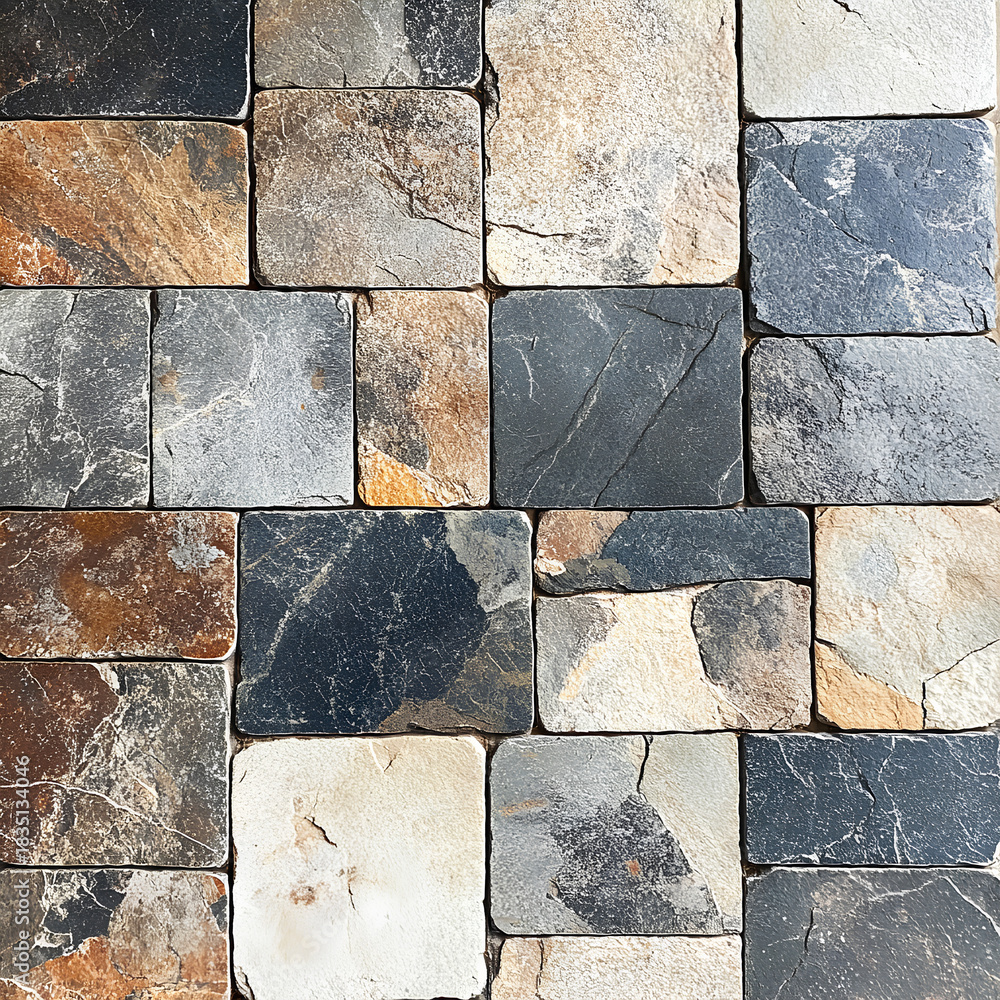 Fototapeta premium Stone Wall Texture: A close-up view of a meticulously constructed stone wall, revealing a rich tapestry of colors and textures, showcasing the enduring beauty of natural stone.