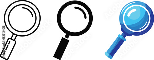 Magnifying Glass Icon Set: Outline, Solid Black, and Blue Gradient Styles for Search, Zoom, Discovery, and Analysis Tool Interface Elements, Vector Illustration, Isolated