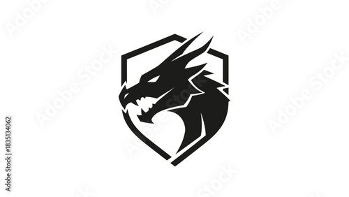 Dragon Head Shield Logo Design for Gaming and Security.