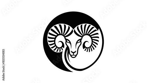 Stylized Ram Head in Yin Yang Circle - Symbol of Balance.