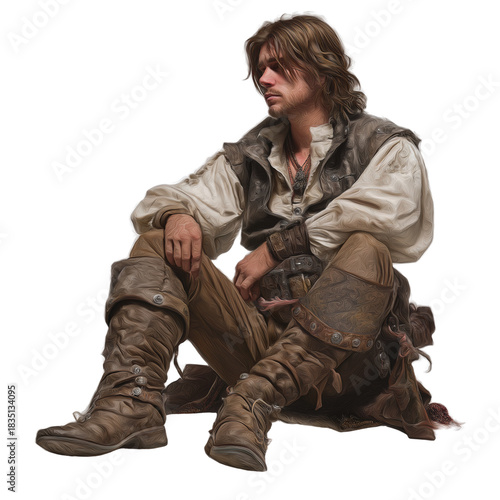 Medieval Fantasy Man Sitting in Historical Outfit Isolated on Transparent Background PNG