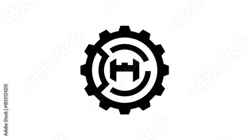 Black Gear Symbol with Interlocking Letters.