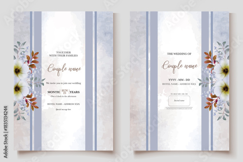 WEDDING INVITATION FRAME WITH FLOWER DECORATIONS AND FRESH LEAVES