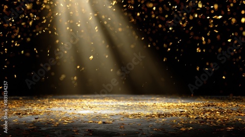 Golden light streams through the darkness illuminating falling confetti and a textured floor.