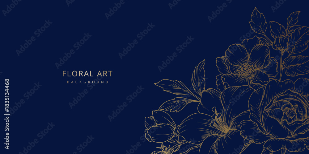 Fototapeta premium Luxury floral blue background with gold hand drawn flowers in line art style. Vector illustration for card, wall poster, business card, flyer, banner, wedding invitation, print, cover
