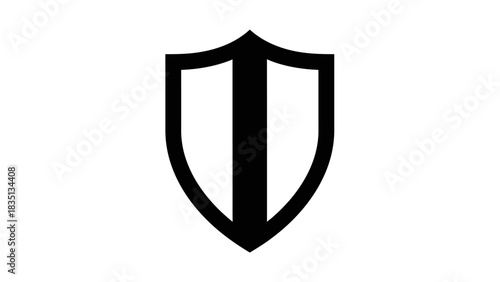 Black Shield Icon with Central Bar on White Background.