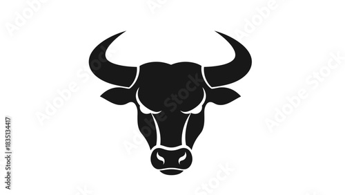 Black Silhouette of a Powerful Bull Head with Fierce Eyes and Large Horns.