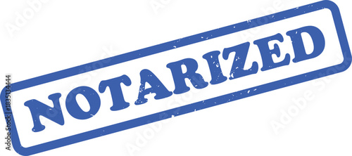 Blue Ink Rubber Stamp Impression with Notarized Text on White Background