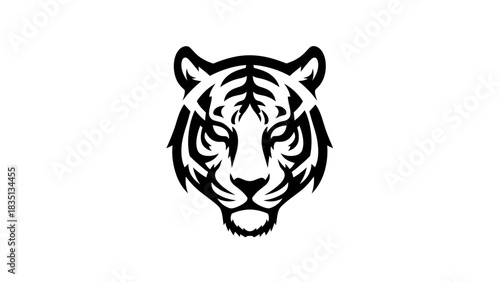 Striking Black and White Tiger Head Illustration with Intense Gaze.