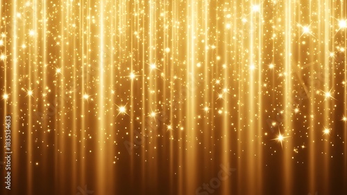 Golden sparkling light particles falling vertically in a radiant background