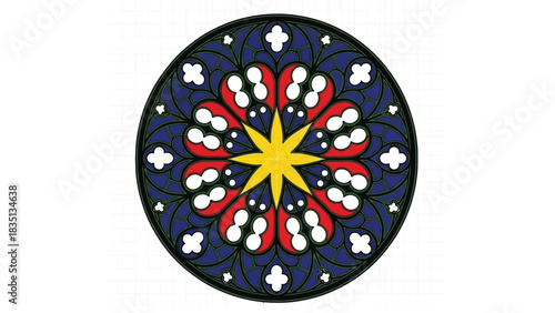Gothic Rose Window Stained Glass Vector Illustration, Medieval Star Motif Design