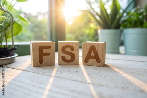 Wooden blocks spelling “FSA” on light surface with potted plants and sunlight, evoking warmth, clarity, and natural ambiance in a calm indoor setting. generative ai