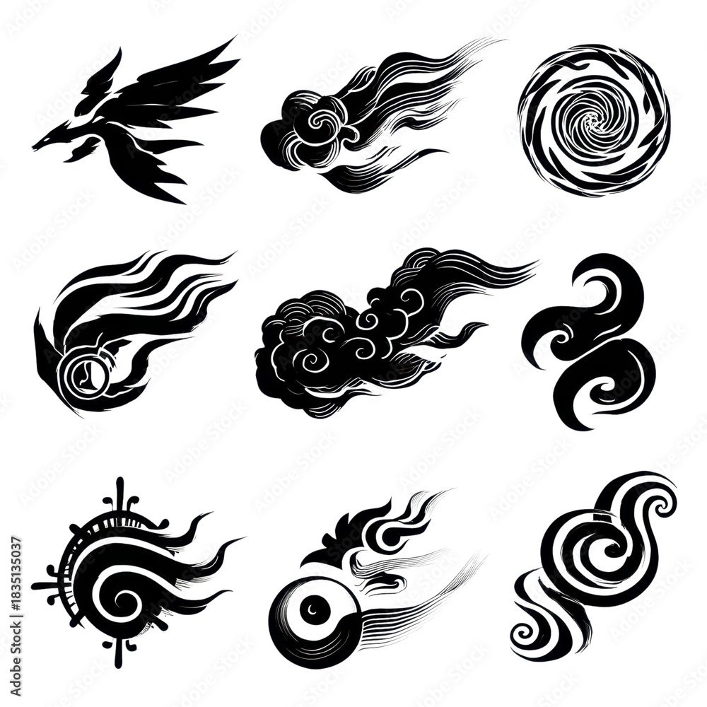 Fototapeta premium Set of 9 black swirling smoke and fire icons isolated on Transparent Background