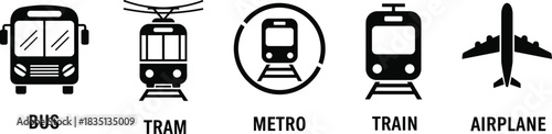 Public Transportation Icons Set: Bus, Tram, Metro, Train, and Airplane — Essential Graphic Symbols for Travel, Journey, and Urban Commuting Services on a White Background Vector.