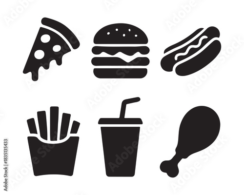 pizza slice triangle, stacked & layered burger, classic hotdog bun, , popcorn bucket, soft drink cup, and nacho chips, french fry box, a soda cup with straw, and a chicken drumstick, taco shell, an ic