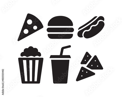 pizza slice triangle, stacked & layered burger, classic hotdog bun, , popcorn bucket, soft drink cup, and nacho chips, french fry box, a soda cup with straw, and a chicken drumstick, taco shell, an ic