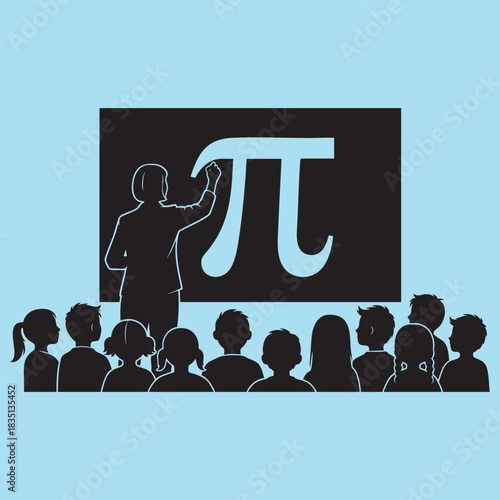 Teacher teaching mathematics in classroom silhouette. Kids watching educator writing Pi symbol on blackboard vector illustration.