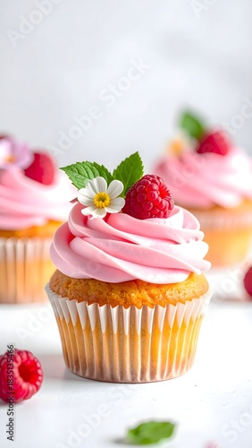 Beautiful pink cupcake swirl with berries and green mint leaves high resolution photo