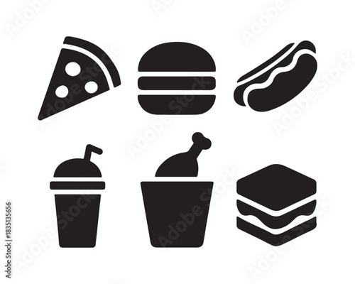 pizza slice triangle, stacked & layered burger, classic hotdog bun, , popcorn bucket, soft drink cup, and nacho chips, french fry box, a soda cup with straw, and a chicken drumstick, taco shell, 