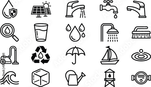 Water Conservation Ecology Environment Protection Icon Set: Plumbing, Solar Energy, Renewable Resources, Bathroom Fixture, Household Appliance, Cleaning Supply, Recycling, Safety and Weather