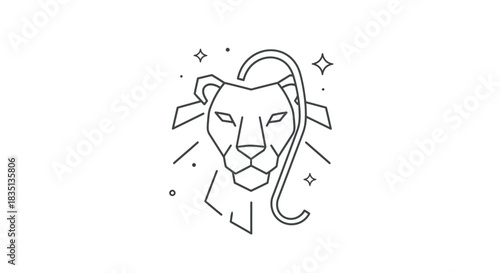 Geometric Line Art Lion Head Vector Illustration, Leo Zodiac Sign or Modern Minimalist Logo