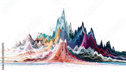 Colorful, abstract digital art resembling mountain ranges, peaks & valleys, against white