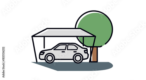 Car under carport next to a tree simple line art illustration.