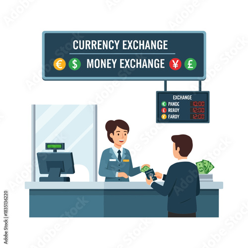 Person exchanging money at currency exchange counter with employee in a bank.
