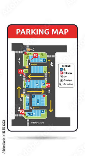 Parking map sign with red header and location details on white background.