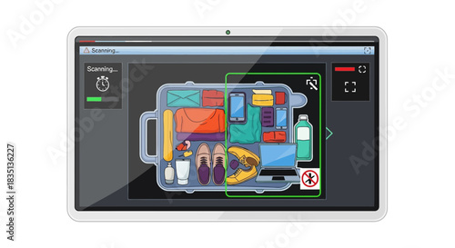Suitcase contents shown on x-ray scanner display screen security check point.
